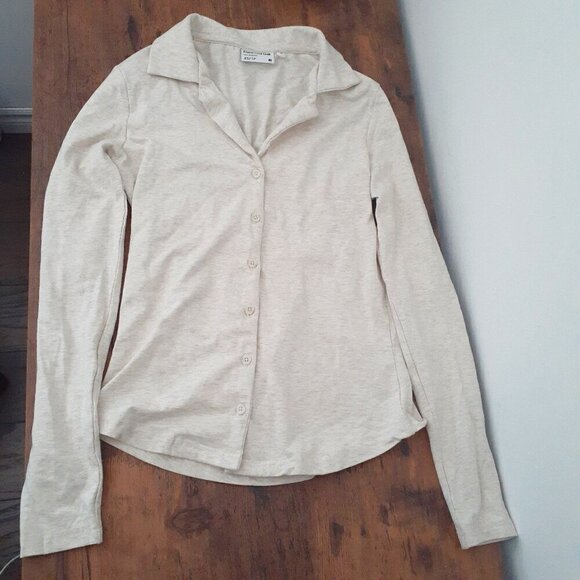 Frank & Oak Women's Size XS Oatmeal Long Sleeve Jersey Button Up Cotton Shirt - Picture 2 of 12